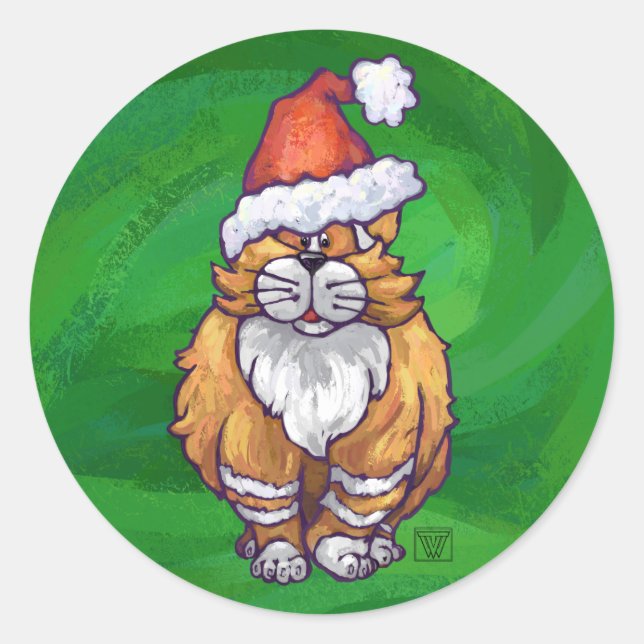 Pegatina Redonda Ginger Cat Navidades En Verde (Anverso)