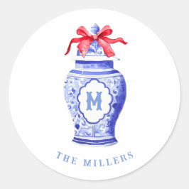 Pegatina Redonda Ginger Jar Monograma | Bow Rojo