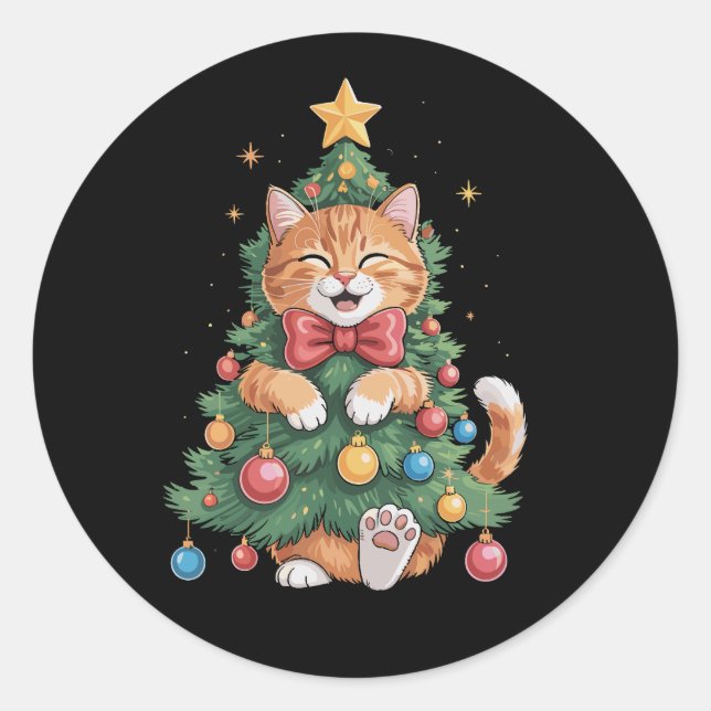 Pegatina Redonda Ginger Naranja Cat Árbol navideño lindo navidad na (Anverso)