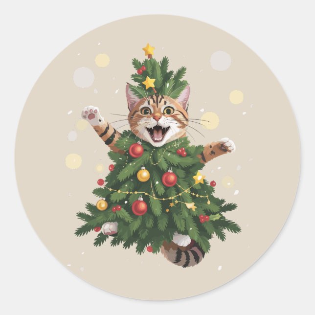 Pegatina Redonda Ginger Naranja Cat Árbol navideño lindo navidad na (Anverso)