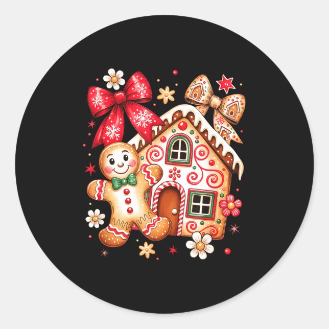 Pegatina Redonda Gingerbread Christmas Bow Christmas House Retro Co (Anverso)