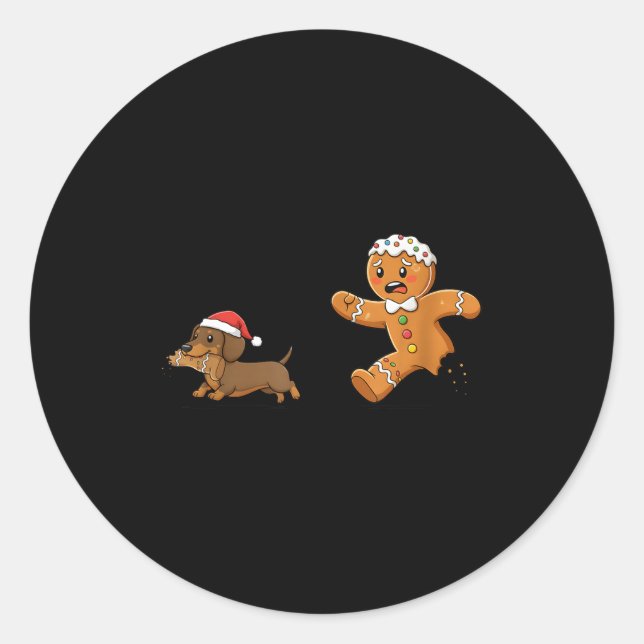 Pegatina Redonda Gingerbread Cookie Chasing Dachshund Christmas Dog (Anverso)