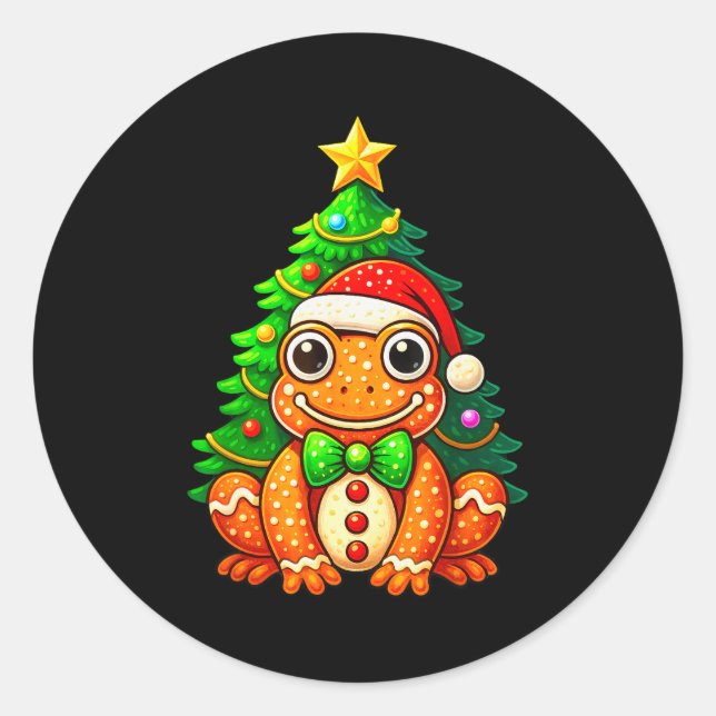 Pegatina Redonda Gingerbread Frog Wearing Santa Hat Christmas Tree  (Anverso)