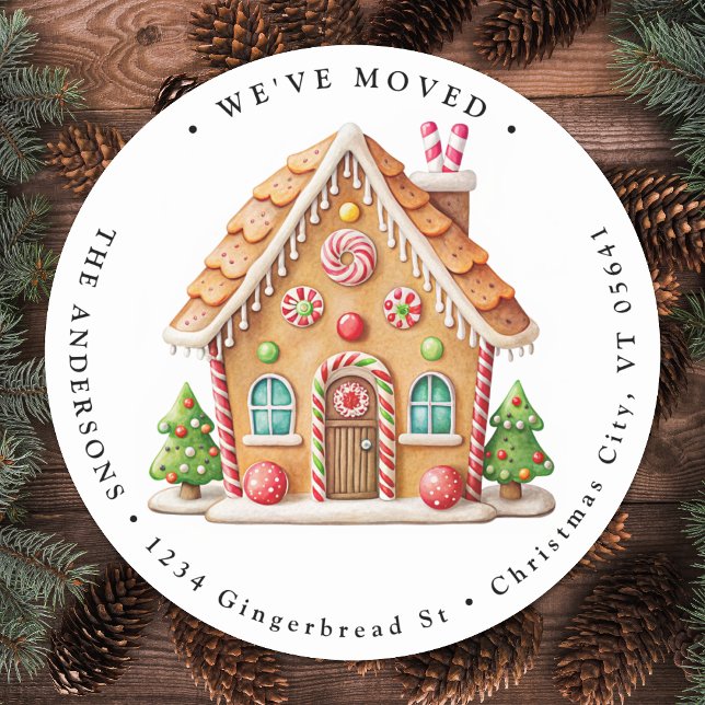 Pegatina Redonda Gingerbread House Holiday Hogar Moving New Address (Subido por el creador)