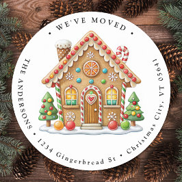 Pegatina Redonda Gingerbread House Nueva dirección Hogar De Vacacio