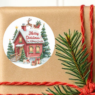Pegatina Redonda Gingerbread House Reindeer Fir Trees