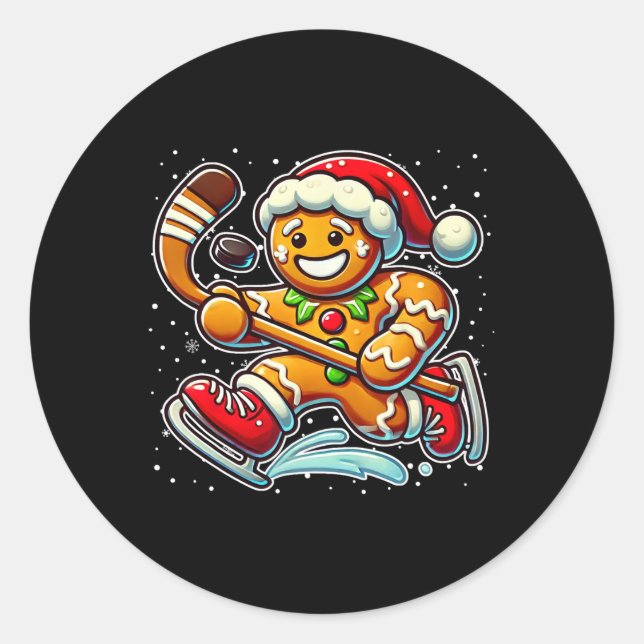 Pegatina Redonda Gingerbread Man Ice Hockey Funny Christmas Santa S (Anverso)