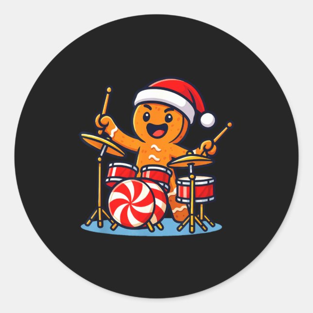 Pegatina Redonda Gingerbread Man Playing Drums  (Anverso)