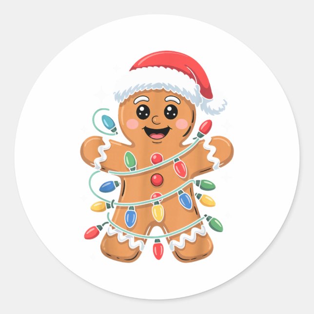 Pegatina Redonda Gingerbread Man Tangled Christmas Lights  (Anverso)