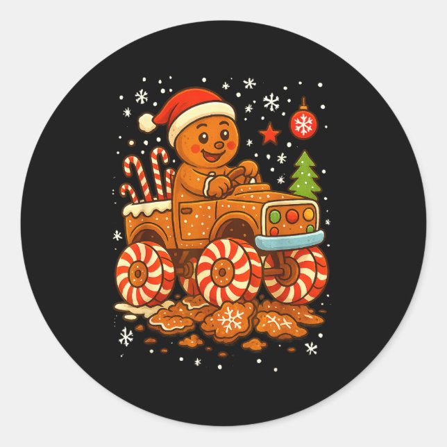 Pegatina Redonda Gingerbread Monster Truck Christmas Snow Cute Xmas (Anverso)
