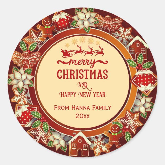 Pegatina Redonda Gingerbread & Poinsettia Holiday  | Custom Family (Anverso)