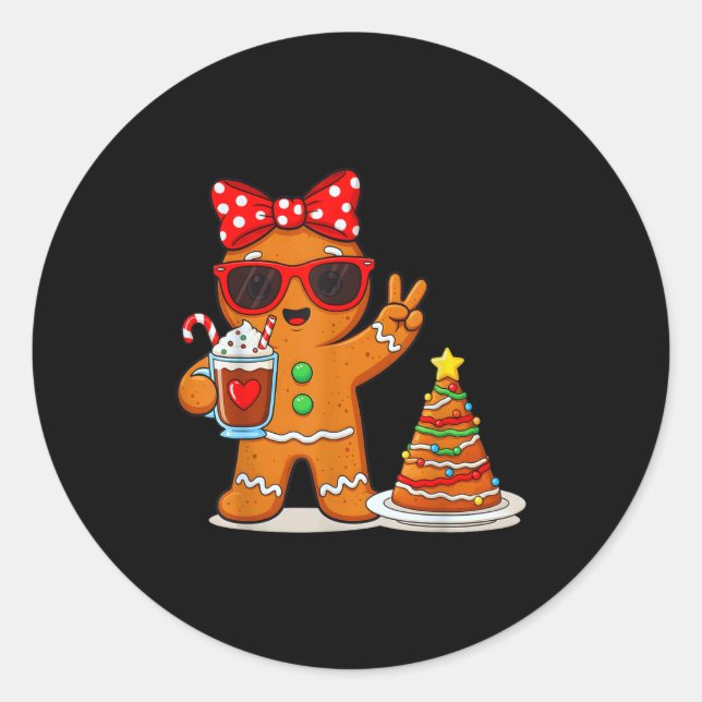 Pegatina Redonda Gingerbread Women Drinking Coffee Christmas Tree C (Anverso)