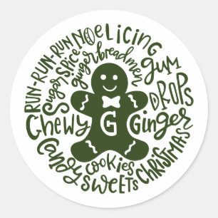 Pegatina Redonda Gingerman Navidades Winter Candy Typography GREEN