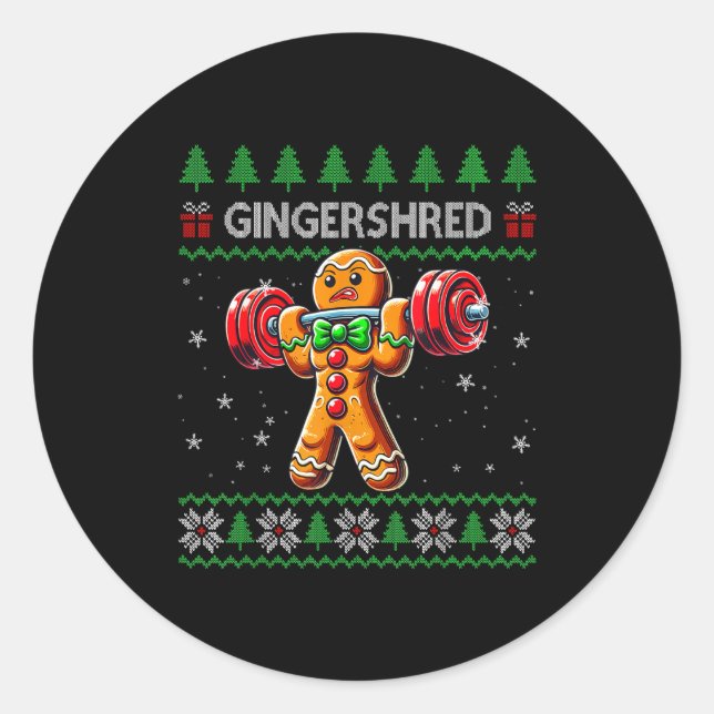 Pegatina Redonda Gingershred Gym Christmas Ugly Sweater Gingerbread (Anverso)