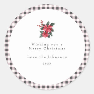 Pegatina Redonda Gingham a cuadros negro y blanco Navidad personali