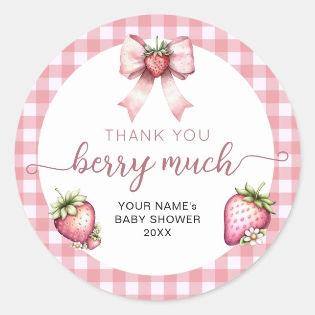 Pegatina Redonda Gingham berry sweet baby shower  (Anverso)