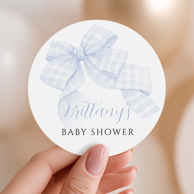 Pegatina Redonda Gingham Blue Bow Baby Shower Stickers (Subido por el creador)