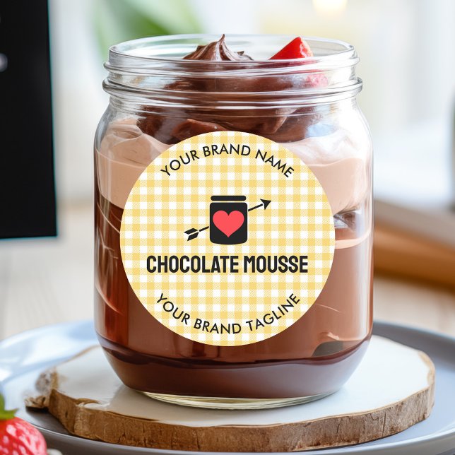 Pegatina Redonda Gingham Checks Yellow Pattern Jar Label Business (Gingham Checks Yellow Pattern Jar Label Business)