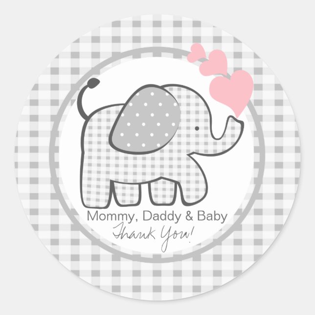 Pegatina Redonda Gingham Elephant con corazón (Anverso)