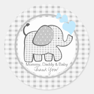 Pegatina Redonda Gingham Elephant con corazones azules