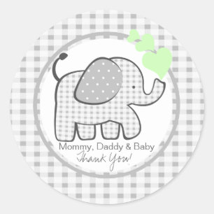 Pegatina Redonda Gingham Elephant con corazones verdes