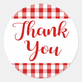 Pegatina Redonda Gingham Gracias A Red Y White Check Planteado