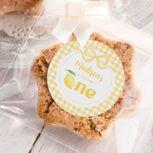Pegatina Redonda Gingham Lemon Temático 1er cumpleaños