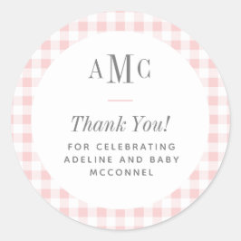 Pegatina Redonda Gingham Monograma rosa y blanco Gracias