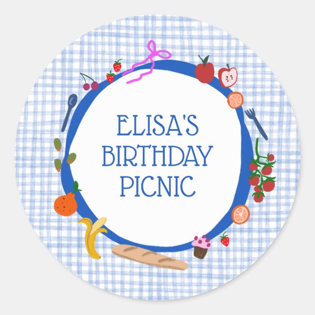 Pegatina Redonda Gingham Picnic Modern Cute PERSONALIZADO BIRTHDAY  (Anverso)