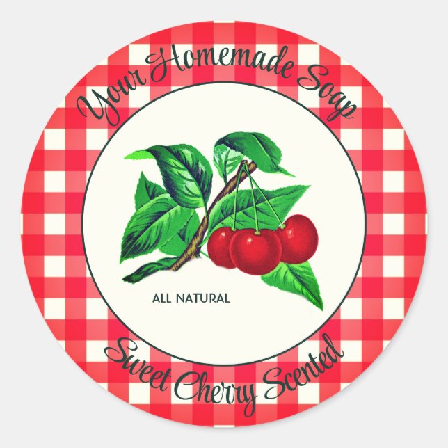 Pegatina Redonda Gingham Sweet Cherry Handmade Soap Label (Anverso)