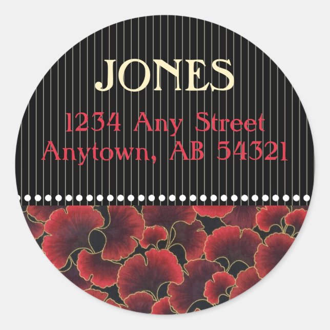 Pegatina Redonda Gingko Pinstripe Dots Classy Red Black Art Deco (Anverso)