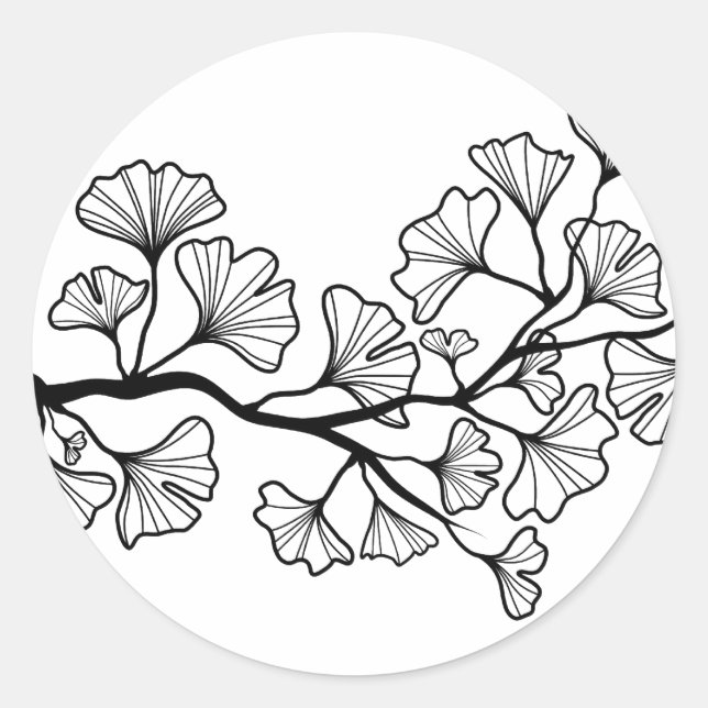 Pegatina Redonda ginkgo negro con hojas (Anverso)