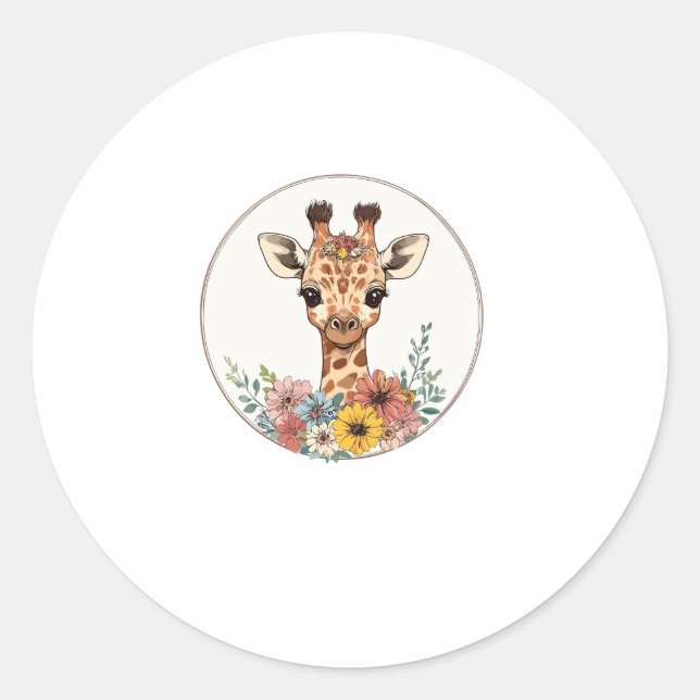 Pegatina Redonda Girafa Adorable Con Flores (Anverso)