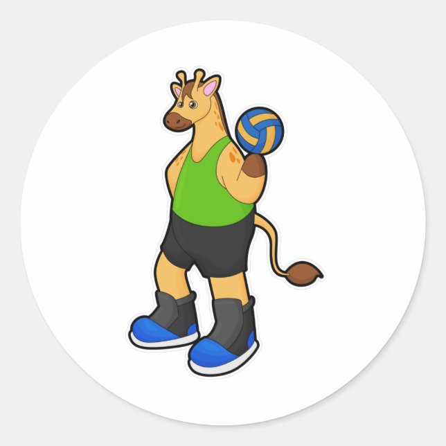 Pegatina Redonda Girafa como jugador de voleibol con voleibol (Anverso)