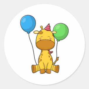 Pegatina Redonda Girafa en cumpleaños con globos