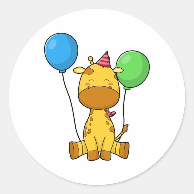Pegatina Redonda Girafa en cumpleaños con globos (Anverso)