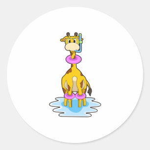 Pegatina Redonda Girafa en Natación con anillo de natación