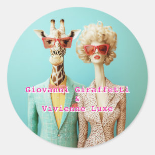 Pegatina Redonda Girafa y mujer de estilo
