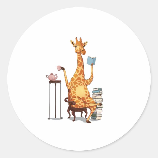 Pegatina Redonda Girafas, libros y obsequios de té (Anverso)