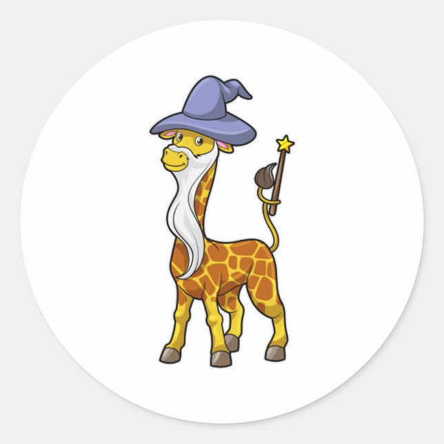 Pegatina Redonda Giraffe as Wizard with Magic wand & Hat (Anverso)