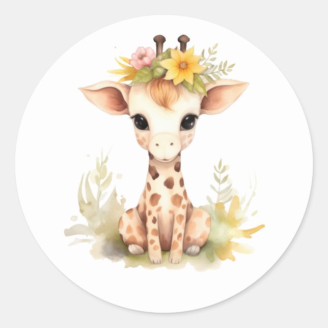 Pegatina Redonda Giraffe Baby Shower Round Sticker (Anverso)