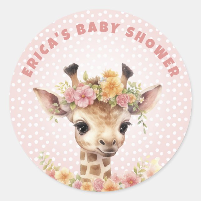 Pegatina Redonda Giraffe Bebé Rosa Chica Ducha Espolvorea Selva sal (Anverso)