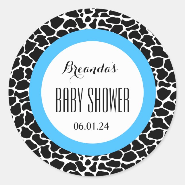 Pegatina Redonda GIRAFFE Boy Baby Shower Name Date V07 BLUE (Anverso)