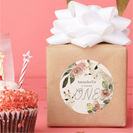 Pegatina Redonda Giraffe Chica Floral Rosa Primer cumpleaños