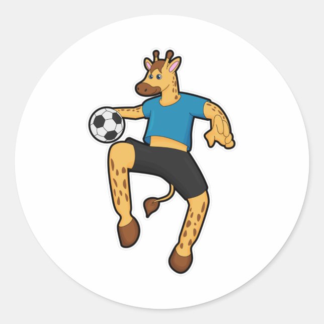 Pegatina Redonda Giraffe como jugador de fútbol con pelota de fútbo (Anverso)