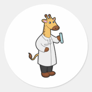 Pegatina Redonda Giraffe como Médica con tubo de prueba