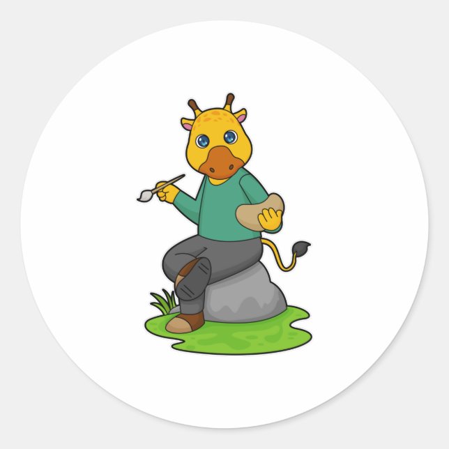 Pegatina Redonda Giraffe como pintor con pincel de pintura (Anverso)