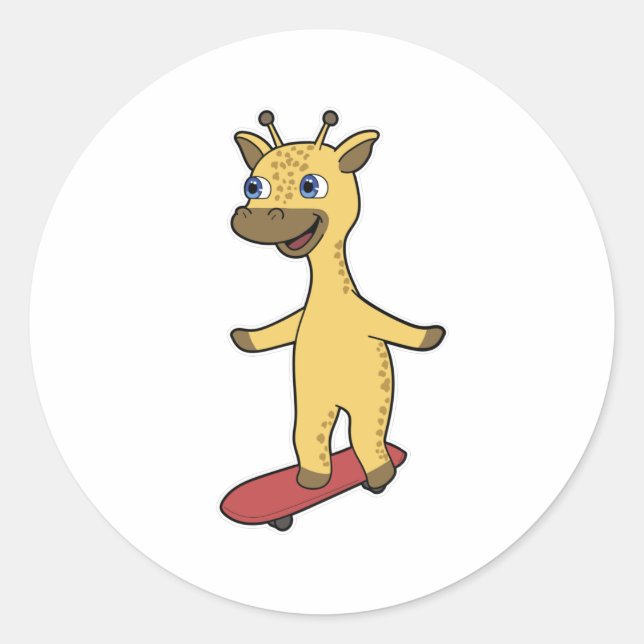 Pegatina Redonda Giraffe como Skater con Skateboard (Anverso)
