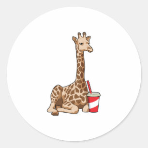 Pegatina Redonda Giraffe con bebida