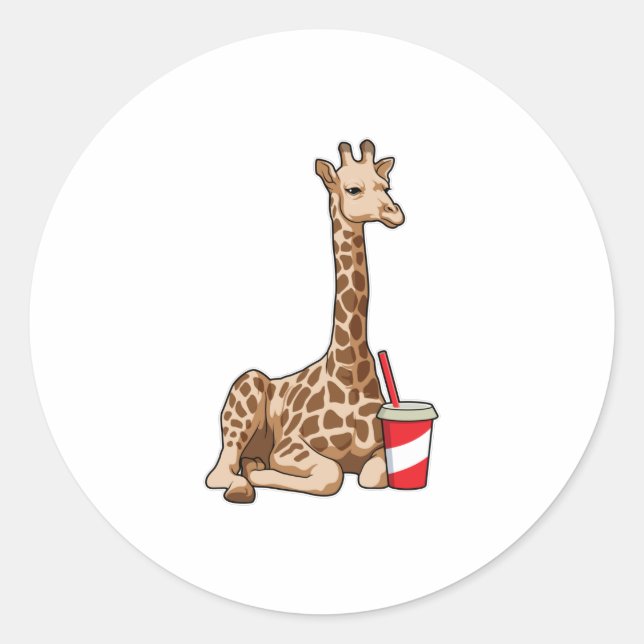 Pegatina Redonda Giraffe con bebida (Anverso)